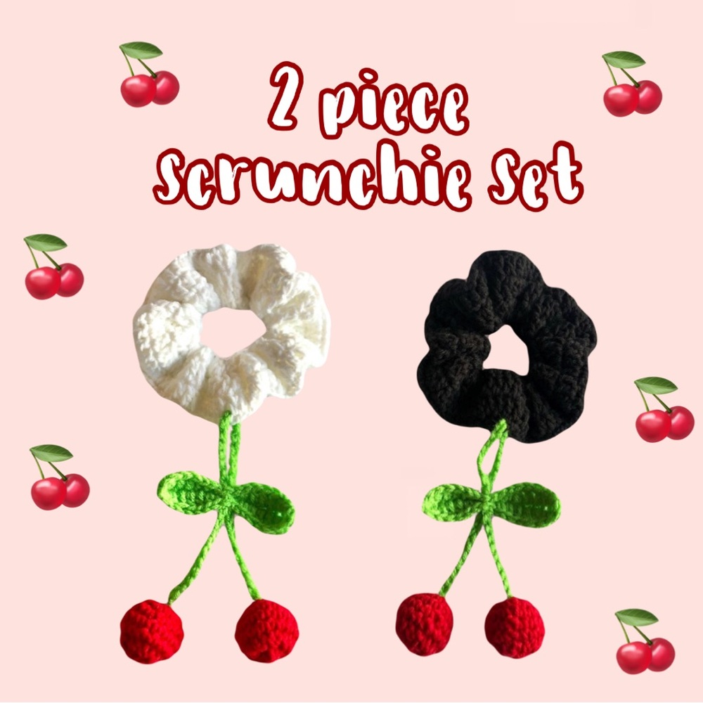 crochet xl scrunchie 2 piece set in white and black with hanging cherries
